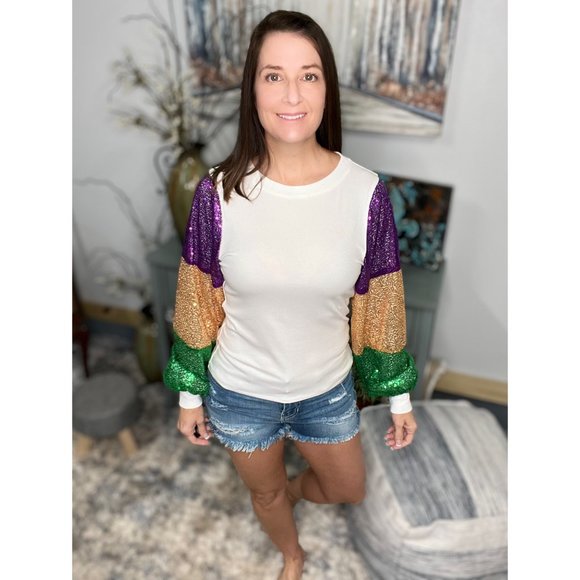 mardi gras color block sequin top